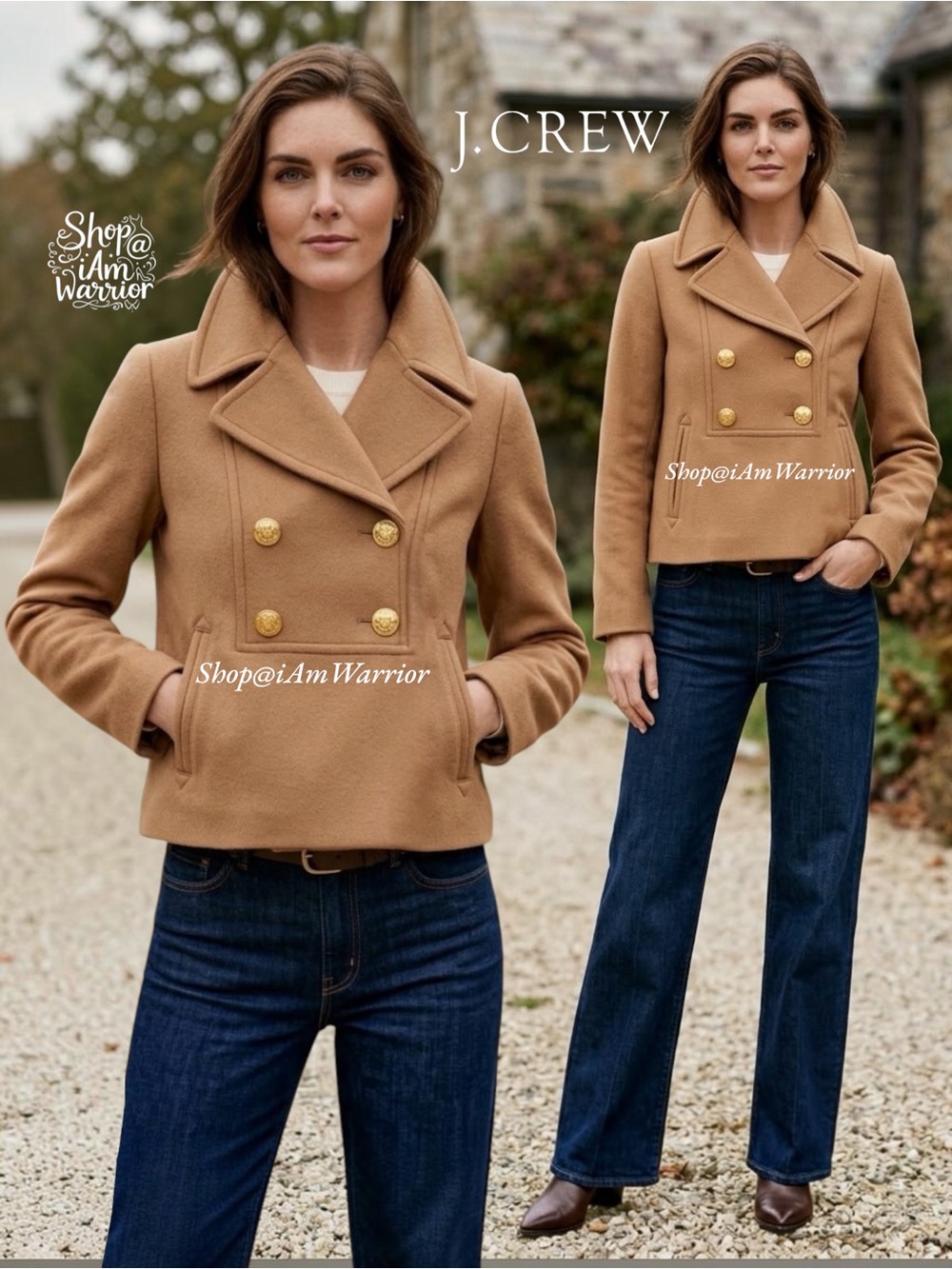 J.Crew Nello Gori Wool Camel Tan Cropped Peacoat Gold Crest Buttons